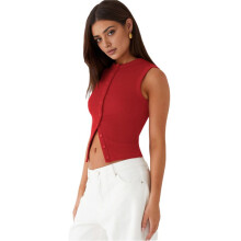 Women'S Sleeveless Round Neck Slim Fit Ribbed Button Vest Red XL