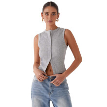 Women'S Sleeveless Round Neck Slim Fit Ribbed Button Vest Light Gray XL