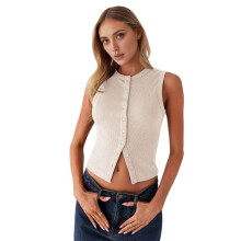 Women'S Sleeveless Round Neck Slim Fit Ribbed Button Vest Apricot L