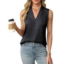 Womens Summer Sleeveless Silk Satin V Neck Business Casual Tank Tops Black XL