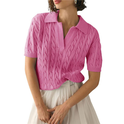 Women'S Cable Short Sleeve Sweaters Tops Solid Lapel V Neck Knit Casual Soft Pullover Shirt  S