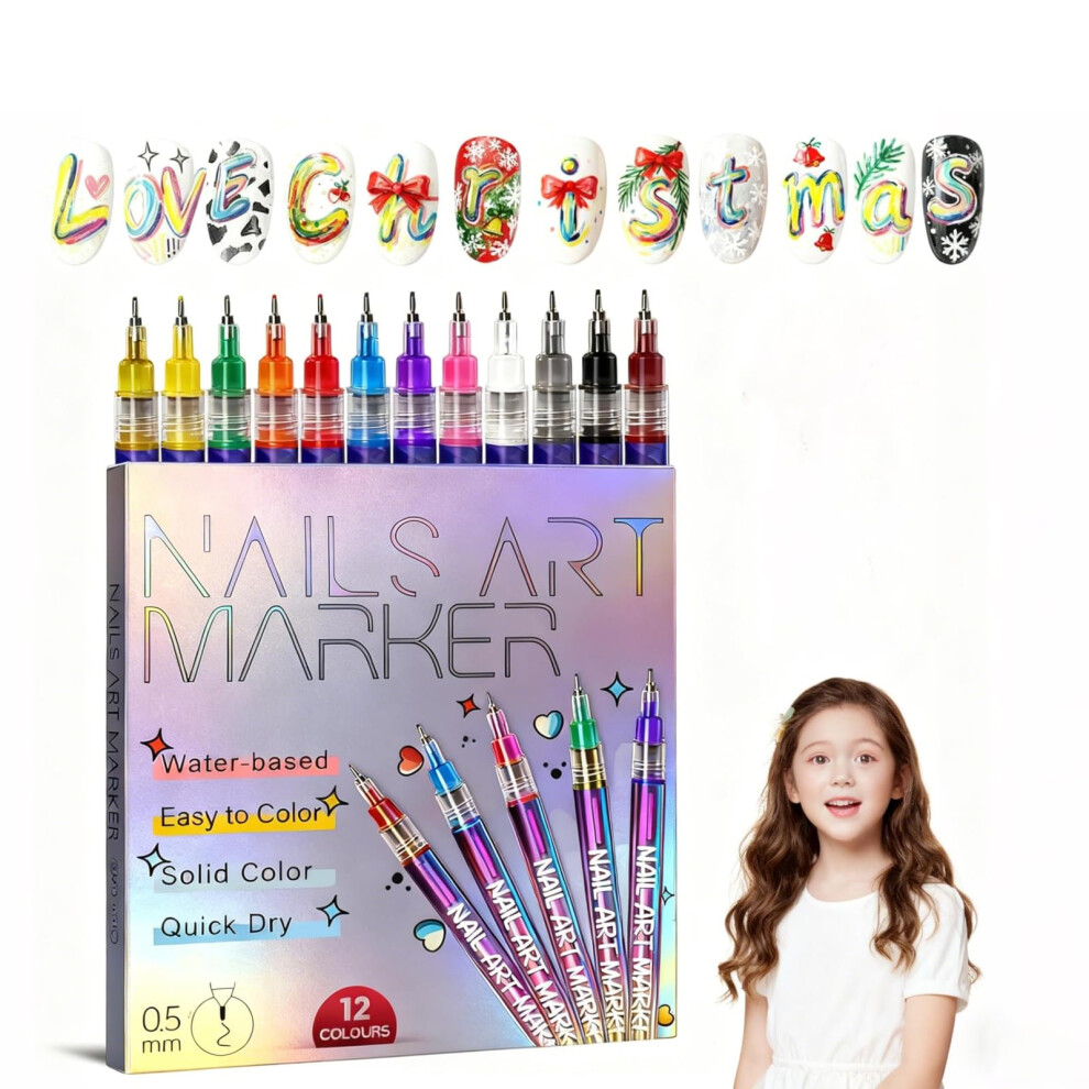 Nail Art Pens Set 12 Vivid Colors QuickDry WaterBased Formula with 0.5mm Fine Tip for Christmas DIY Nail Designs