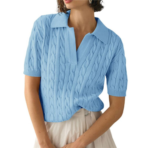 Women'S Cable Short Sleeve Sweaters Tops Solid Lapel V Neck Knit Casual Soft Pullover Shirt Light  S