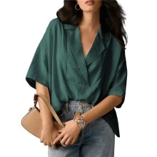 Women Dressy Casual Blouse Business Short Sleeve Collared Tops Placket V Neck Work Shirt Green XXL