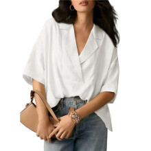 Women Dressy Casual Blouse Business Short Sleeve Collared Tops Placket V Neck Work Shirt White L