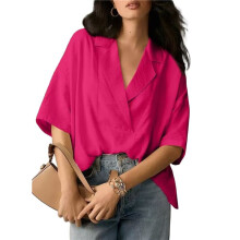 Women Dressy Casual Blouse Business Short Sleeve Collared Tops Placket V Neck Work Shirt Deep L
