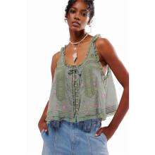 Women Summer Boho Tie Front Tops Lace Beach Button Down Tank Sleeveless Mesh Chiffon Crop Tops Y2k 2025 Green L