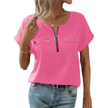 Blusa con Cremallera para Mujer, de Poliéster, con Botones, Manga Corta y Cremallera, Ideal para el Tiempo Libre, Color Rosa, Talla XL