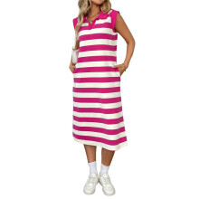 Vestido de Verano A Rayas para Mujer, Corte A, Informal, con Mangas Cortas, Cuello de Solapa, Estilo Camiseta, con Bolsillos, Color Rosa y Rojo, Talla