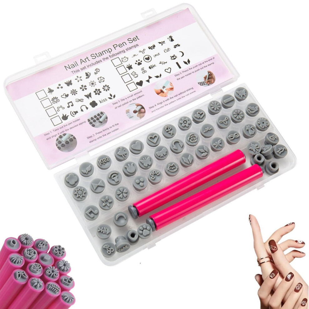 48Pcs Nail Stamping Kit with Silicone Tips, Floral Butterfly Nail Art Stamp Pen Set, DIY Manicure Tools for Beginners
