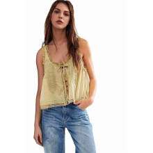 Women Summer Boho Tie Front Tops Lace Beach Button Down Tank Sleeveless Mesh Chiffon Crop Tops Y2k 2025 Yellow L