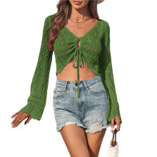 Womens Boho Off Shoulder Sheer Crop Tops V Neck Tie Front Bell Sleeve Knit Shrug Sweaters Green S