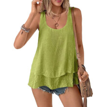 Camiseta Sin Mangas Holgada con Capas para Mujer, Cuello Redondo, Sin Mangas, Informal, para Vacaciones, Color Matcha, XL