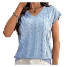 Womens V Neck Sweater Vest Cap Sleeve Cable Knit Casual Loose Fit Pullover Sky S