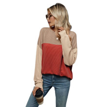 Womens Color Block Long Sleeve Crewneck Knitted Casual Loose Pullover Shirts Tops Red S