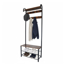 Coat Rack with Shoe Bench - Iron, 2 Hook Rails, Hat Shelf