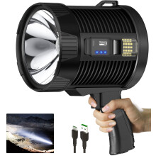 Rechargeable Spotlight Flashlight 100000 Lumens Super Bright Long Range LED Searchlight IPX5 Waterproof Solar USB Charging for Camping and Boating