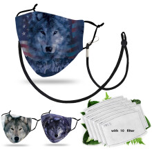 Reusable Cotton Face Mask with Filter Pocket and Nose Wire, Washable 3 Pack with 10 Filters, Wolf Print
