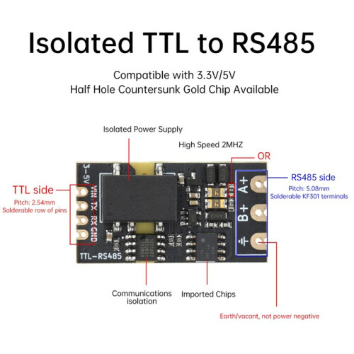 Módulo de Porta Serial de Alta Velocidade 2Mbps com Inversão Automática, Isolado de TTL para RS485 ( 3,3V/5V) 2