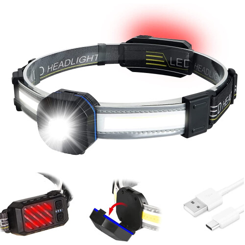 Φακός κεφαλής με πίσω φως, 10 λειτουργίες, 500 Lumen, επαναφορτιζόμενος, ρυθμιζόμενος
