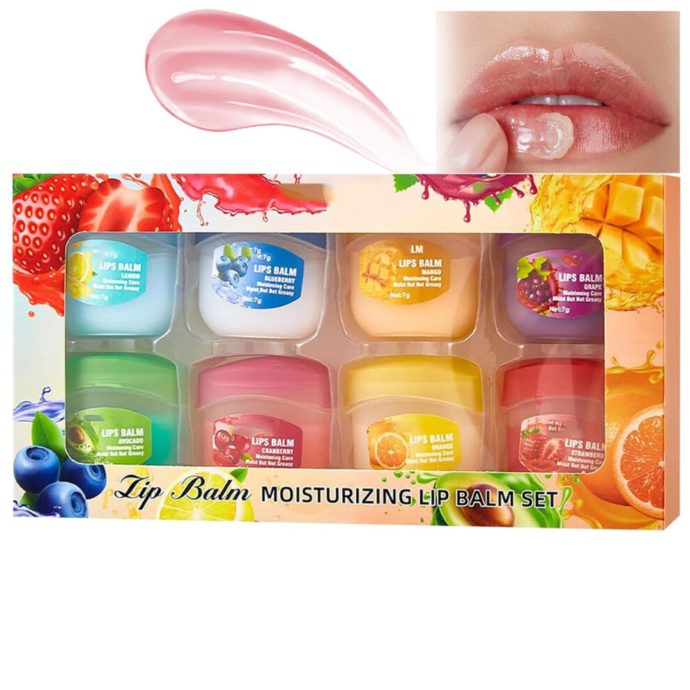 8 Pcs Fruit Flavored Lip Balm Set, Deep Hydration Multiuse Lip Gloss and Night Balm Gift for Dry Lips