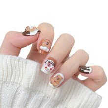 Short Square Press On Nails for Women, 3D Capybara Donut Design, Handmade Kawaii Art Nails with Adhesive Tabs