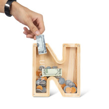 Wooden Letter Piggy Bank with Custom Name Engraving, Alphabet Coin Bank Gift for Kids Nursery Decor