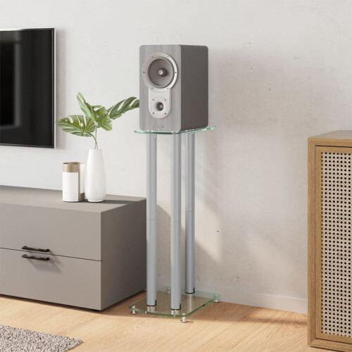 Berkfield Speaker Stands 2 pcs Silver Tempered Glass 3 Pillars Design 2
