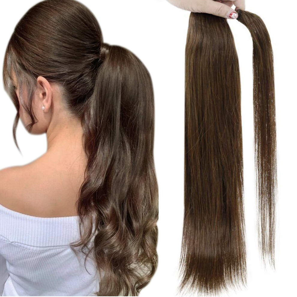 20 Inch Medium Brown Straight Human Hair Ponytail Extension, Silky Real Hair Wrap for Instant Volume Boost