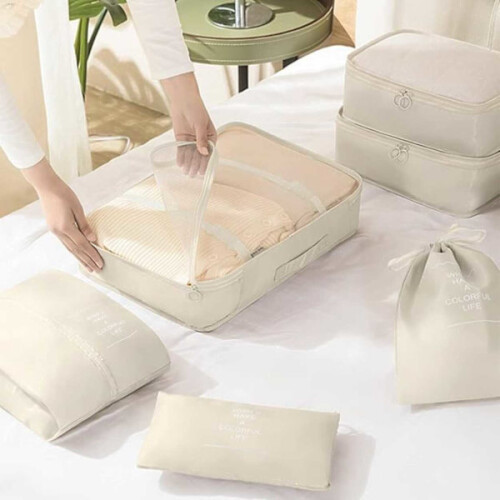 Packkuber för resväska, 7 st. väskinsatser, beige 2