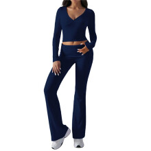 Women'S Workout 2 Piece Lounge Sets Long Sleeve Tops Foldover Flare Pants Casual Outfits Tracksuit Navy XS