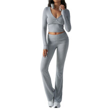 Women'S Workout 2 Piece Lounge Sets Long Sleeve Tops Foldover Flare Pants Casual Outfits Tracksuit Grey S