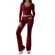 Women'S Workout 2 Piece Lounge Sets Long Sleeve Tops Foldover Flare Pants Casual Outfits Tracksuit Wine Red S