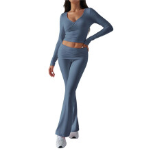 Women'S Workout 2 Piece Lounge Sets Long Sleeve Tops Foldover Flare Pants Casual Outfits Tracksuit Gray L