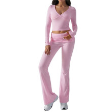 Women'S Workout 2 Piece Lounge Sets Long Sleeve Tops Foldover Flare Pants Casual Outfits Tracksuit XL