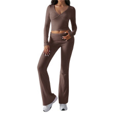 Women'S Workout 2 Piece Lounge Sets Long Sleeve Tops Foldover Flare Pants Casual Outfits Tracksuit Coffee Color L