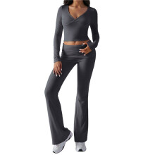 Women'S Workout 2 Piece Lounge Sets Long Sleeve Tops Foldover Flare Pants Casual Outfits Tracksuit Dark Gray L