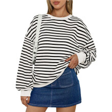 Women Oversized Striped Crewneck Sweatshirt Long Sleeve Color Block Pullover Tops Casual Loose Workout Shirt White XXL