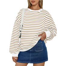 Women Oversized Striped Crewneck Sweatshirt Long Sleeve Color Block Pullover Tops Casual Loose Workout Shirt Khaki XXL