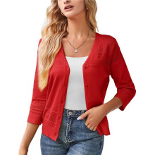Women'S 2025 Cropped Cardigan 3/4 Sleeve Crochet Shrug Hollowed-Out Knit Sweater Tops Red M