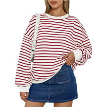 Women Oversized Striped Crewneck Sweatshirt Long Sleeve Color Block Pullover Tops Casual Loose Workout Shirt Red S