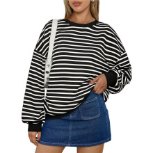 Women Oversized Striped Crewneck Sweatshirt Long Sleeve Color Block Pullover Tops Casual Loose Workout Shirt Black M
