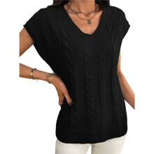 Womens V Neck Sweater Vest Cap Sleeve Cable Knit Casual Loose Fit Pullover Black XL