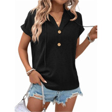 Women'S Summer Knitted Light Drawstring Hooded Short Sleeves Black L