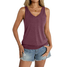 Womens Banded Bottom V Neck Tank Tops Sleeveless Shirts Casual Loose Fit Clothes 2025 Summer Claret XL