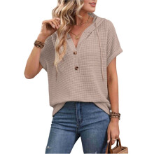Women'S Summer Knitted Light Drawstring Hooded Short Sleeves Khaki L