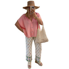 Womens Summer Oversized Short Sleeve Button V Neck Casual Knit Sweater Tops XXL