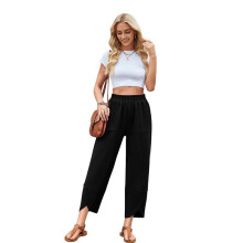 Women Baggy Wide Leg Pants Casual Elastic Waisted Palazzo Harem Pants with Pockets Black L