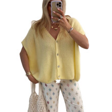 Womens Summer Oversized Short Sleeve Button V Neck Casual Knit Sweater Tops Yellow XL