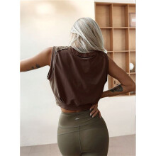 Crop Top Athletic Shirts for Women Cute Sleeveless Yoga Tops Running Gym Cotton Brown XL